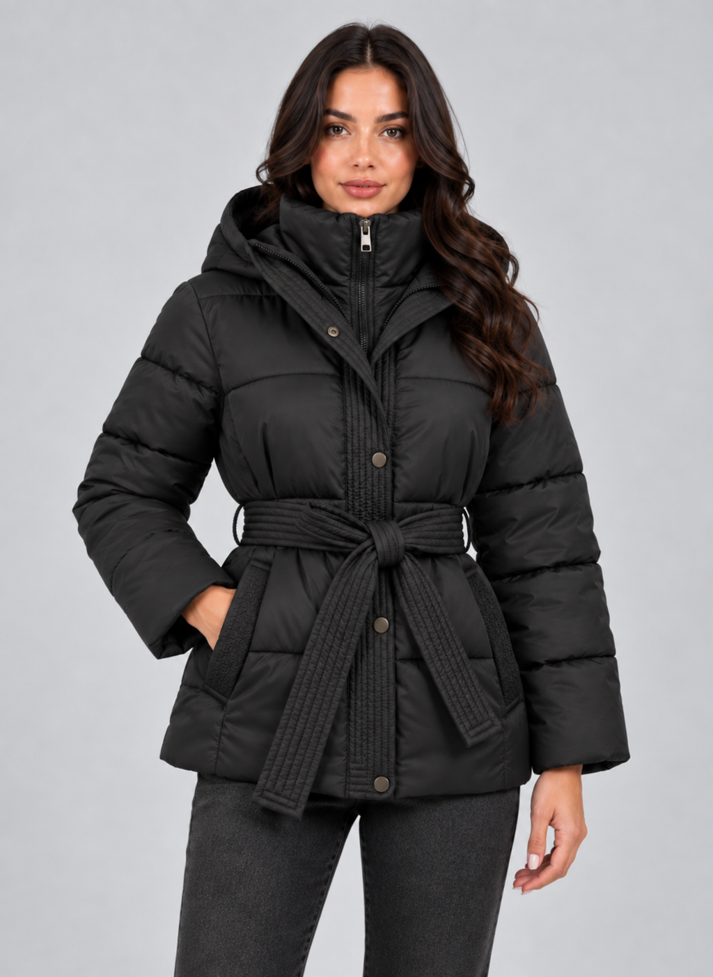 Women's Hooded Padded Puffer Jacket with Belted Waist
