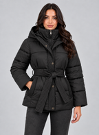 Women's Hooded Padded Puffer Jacket with Belted Waist