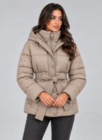 Women's Hooded Padded Puffer Jacket with Belted Waist