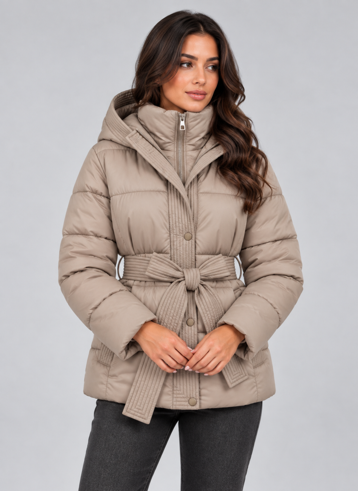 Women's Hooded Padded Puffer Jacket with Belted Waist