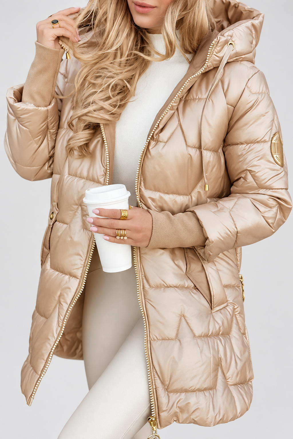 Women's Hooded Puffer Coat with Glossy Star Quilting and Zip Side Vents in Beige – Front View