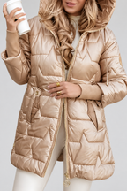 Women's Hooded Puffer Coat with Glossy Star Quilting and Zip Side Vents in Beige – Close-Up Front View