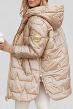 Women's Hooded Puffer Coat with Glossy Star Quilting and Zip Side Vents in Beige – Side View