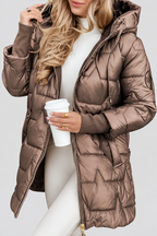 Women's Hooded Puffer Coat with Glossy Star Quilting and Zip Side Vents in Coffee Brown – Front View