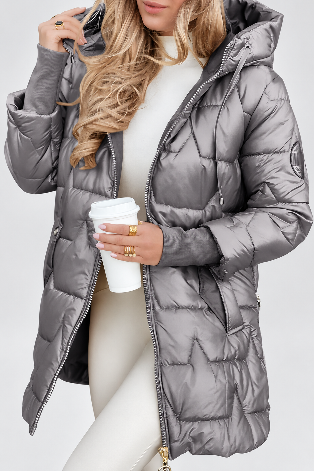Women's Hooded Puffer Coat with Glossy Star Quilting and Zip Side Vents in Grey – Front View
