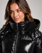 Women's Cropped High Shine Puffer Jacket with Hood and Zip Front