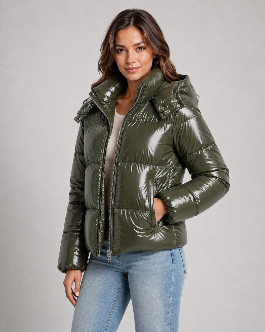 Women's Cropped High Shine Puffer Jacket with Hood and Zip Front