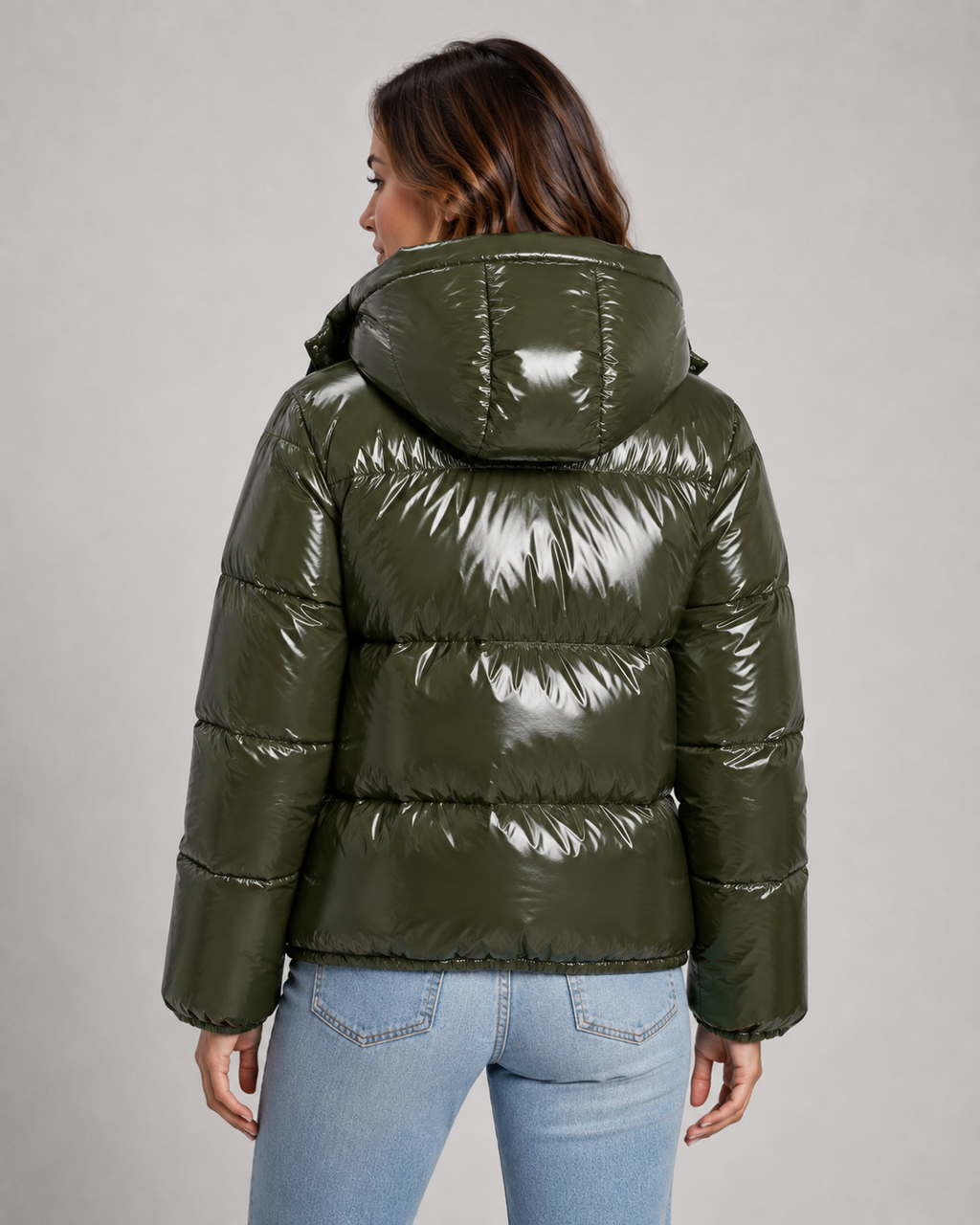 Women's Cropped High Shine Puffer Jacket with Hood and Zip Front