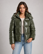 Women's Cropped High Shine Puffer Jacket with Hood and Zip Front