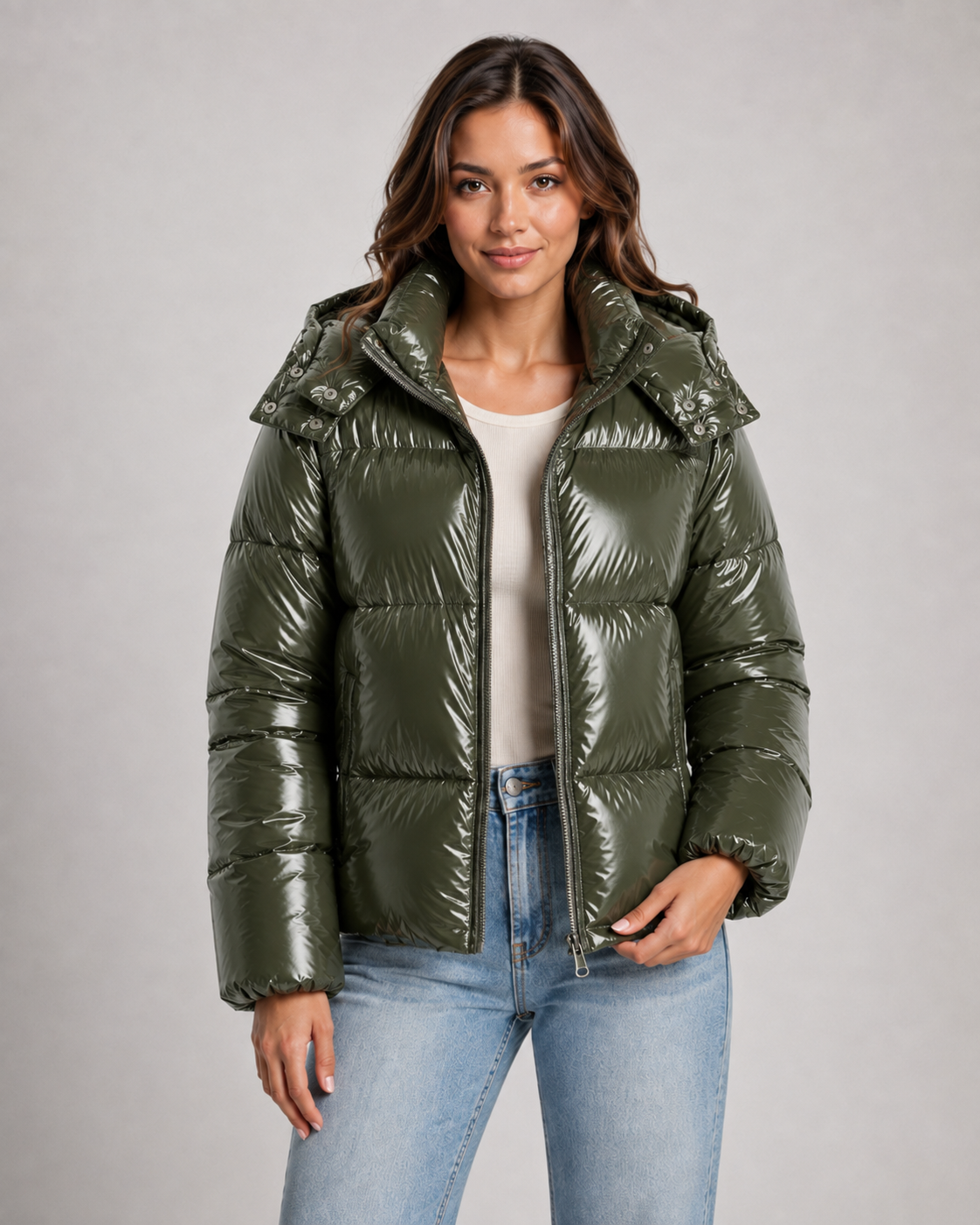 Women's Cropped High Shine Puffer Jacket with Hood and Zip Front