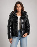 Women's Cropped High Shine Puffer Jacket with Hood and Zip Front
