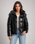 Women's Cropped High Shine Puffer Jacket with Hood and Zip Front