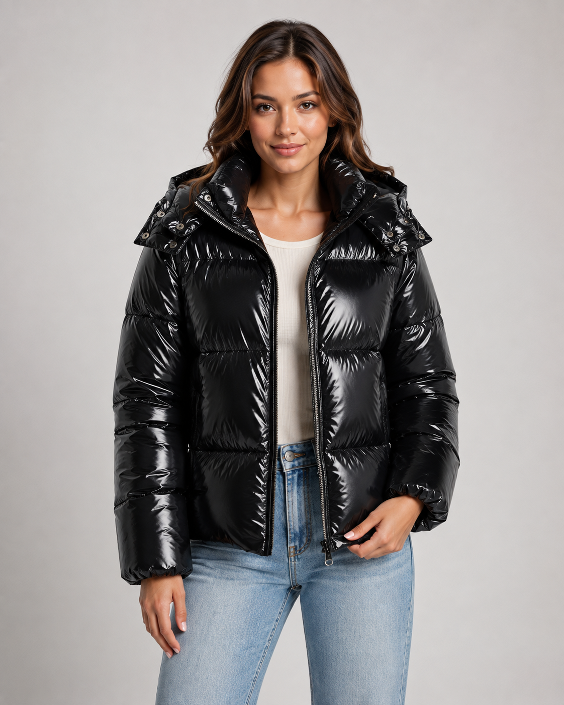 Women's Cropped High Shine Puffer Jacket with Hood and Zip Front