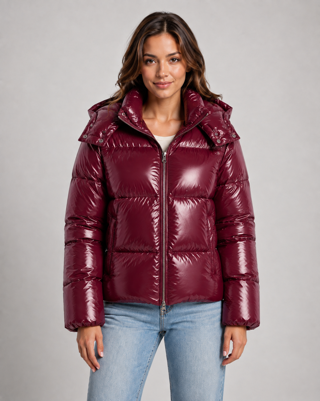 Women's Cropped High Shine Puffer Jacket with Hood and Zip Front