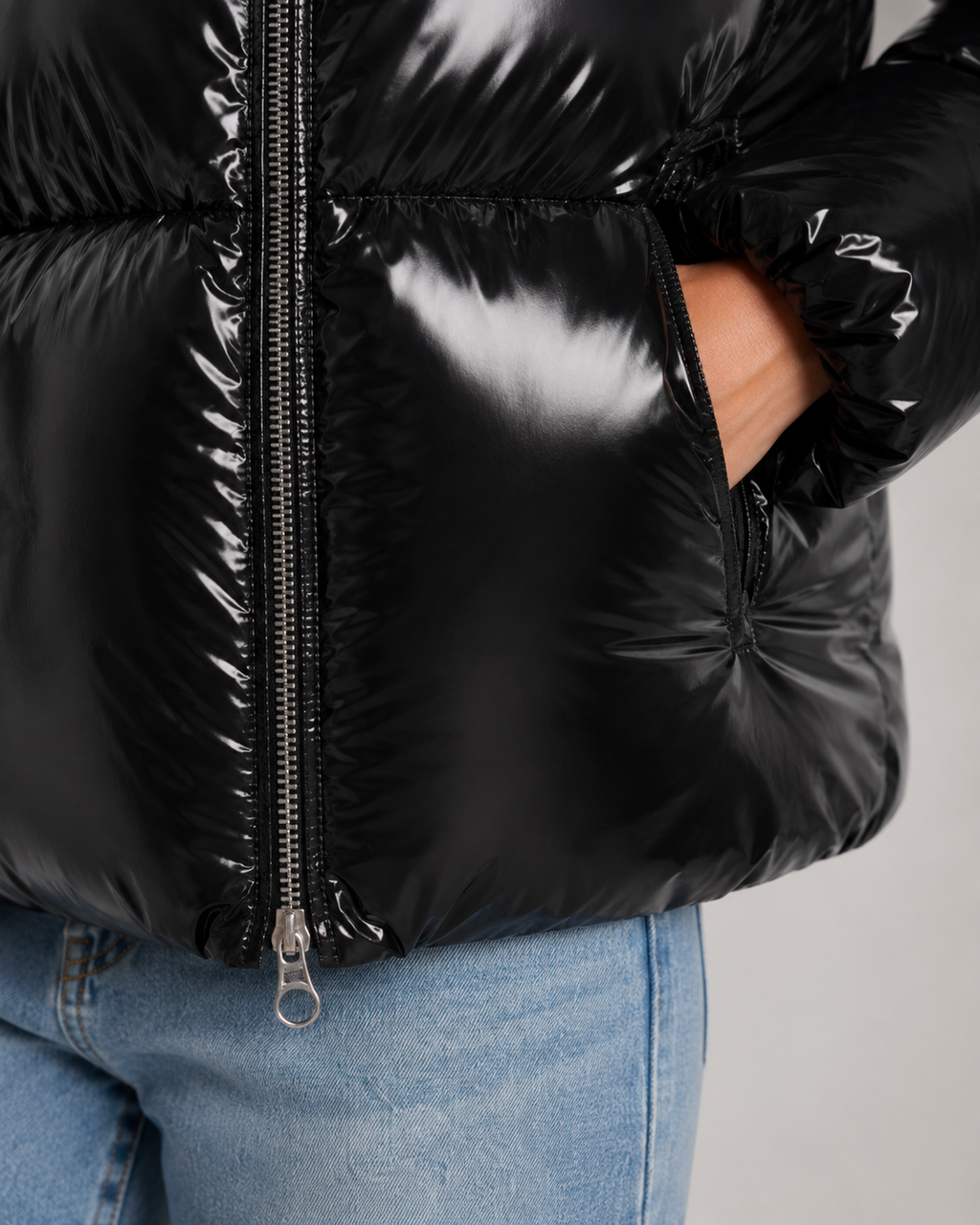 Women's Cropped High Shine Puffer Jacket with Hood and Zip Front
