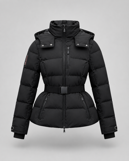 Women's Black Padded Hooded Puffer Jacket with Belted Waist