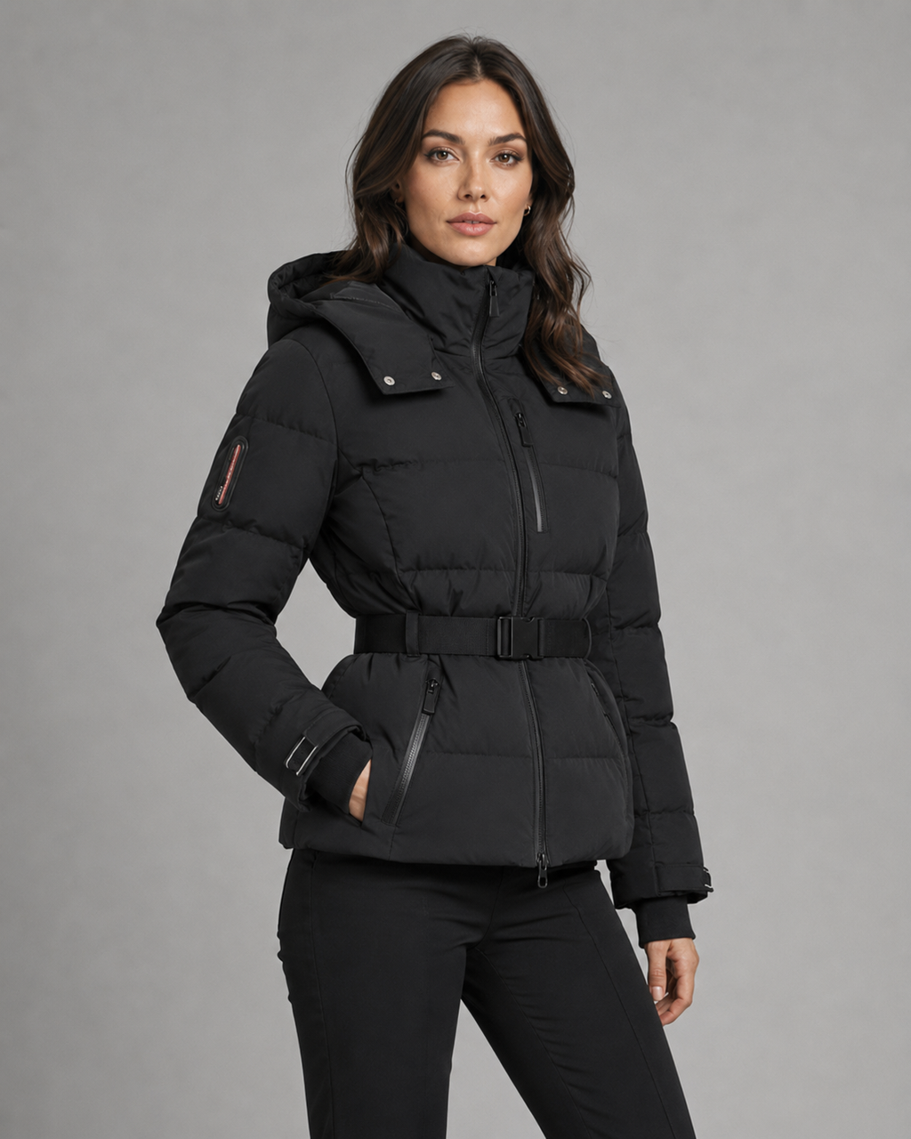 Women's Padded Hooded Puffer Jacket with Belted Waist