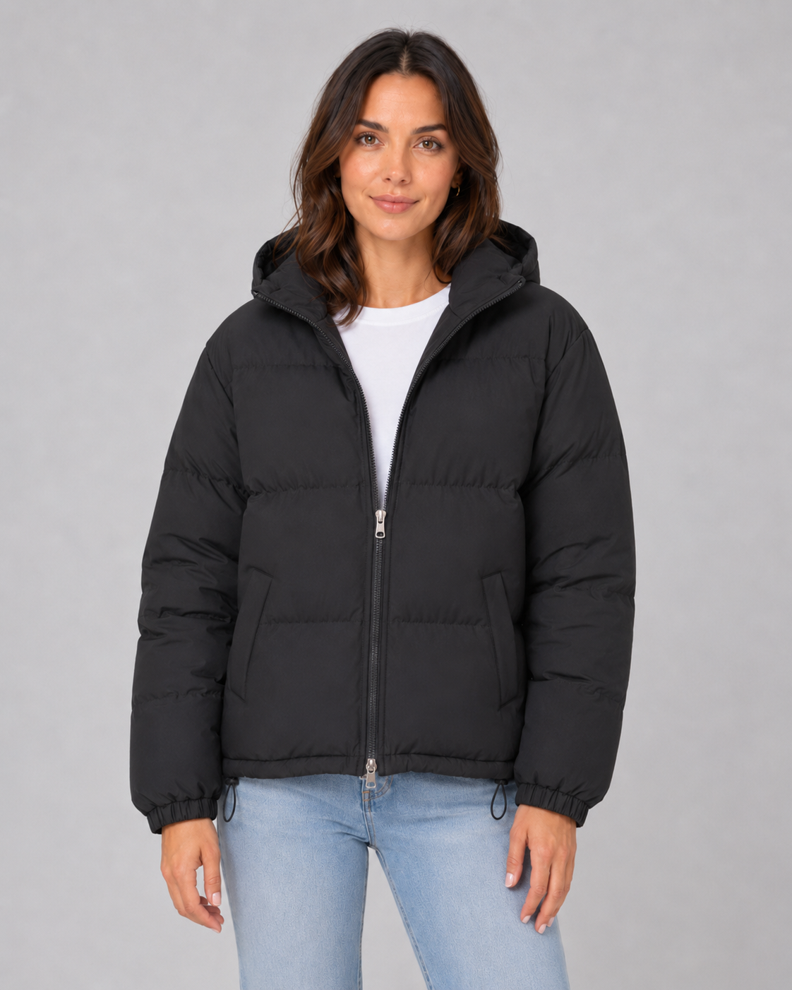 Women's Padded Hooded Puffer Jacket with Zip Front and Pockets