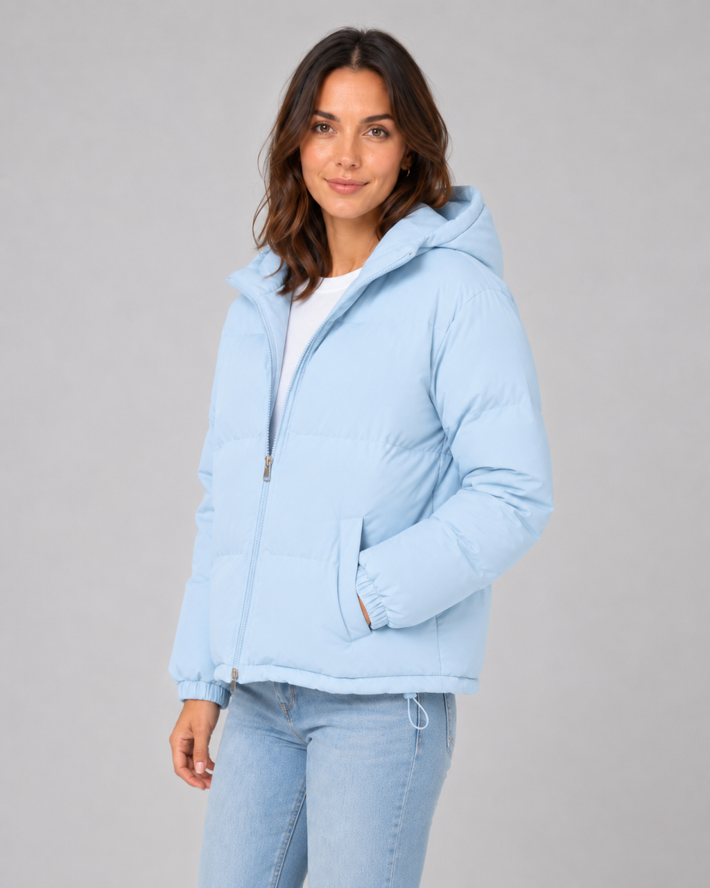 Women's Padded Hooded Puffer Jacket with Zip Front and Pockets