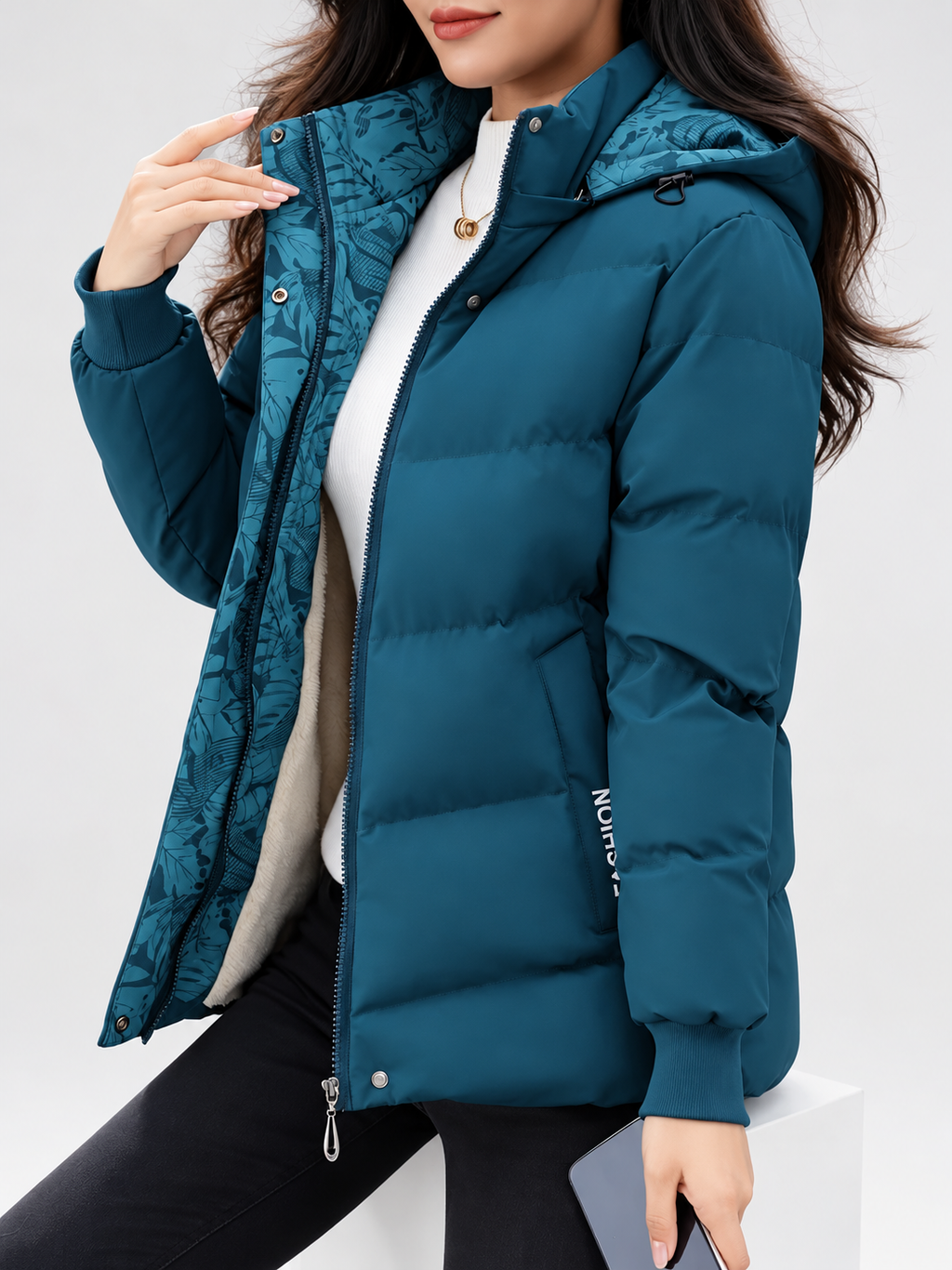 Women's hooded puffer jacket in Blue – studio view 7