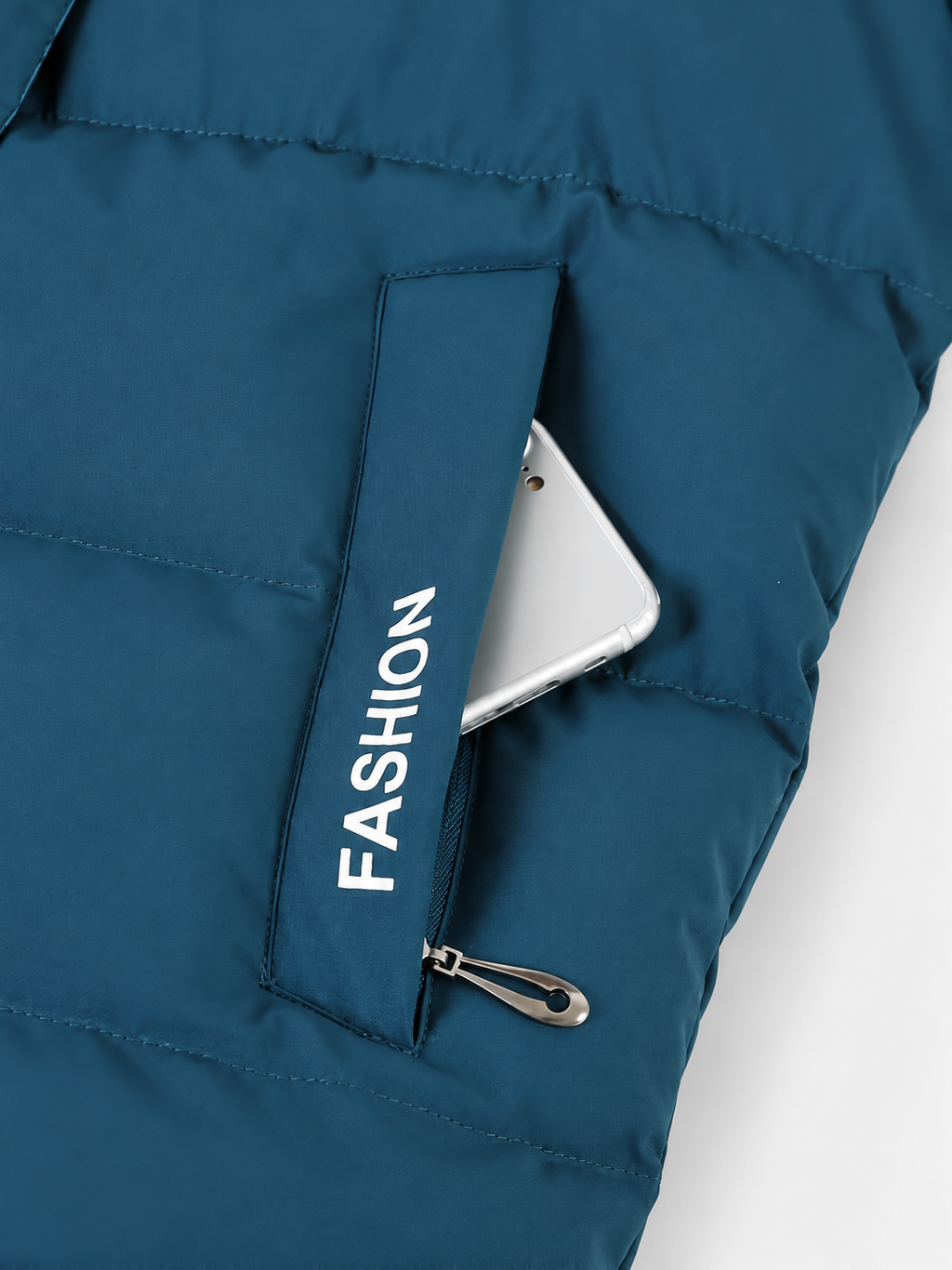 Women's hooded puffer jacket in Blue – studio view 9