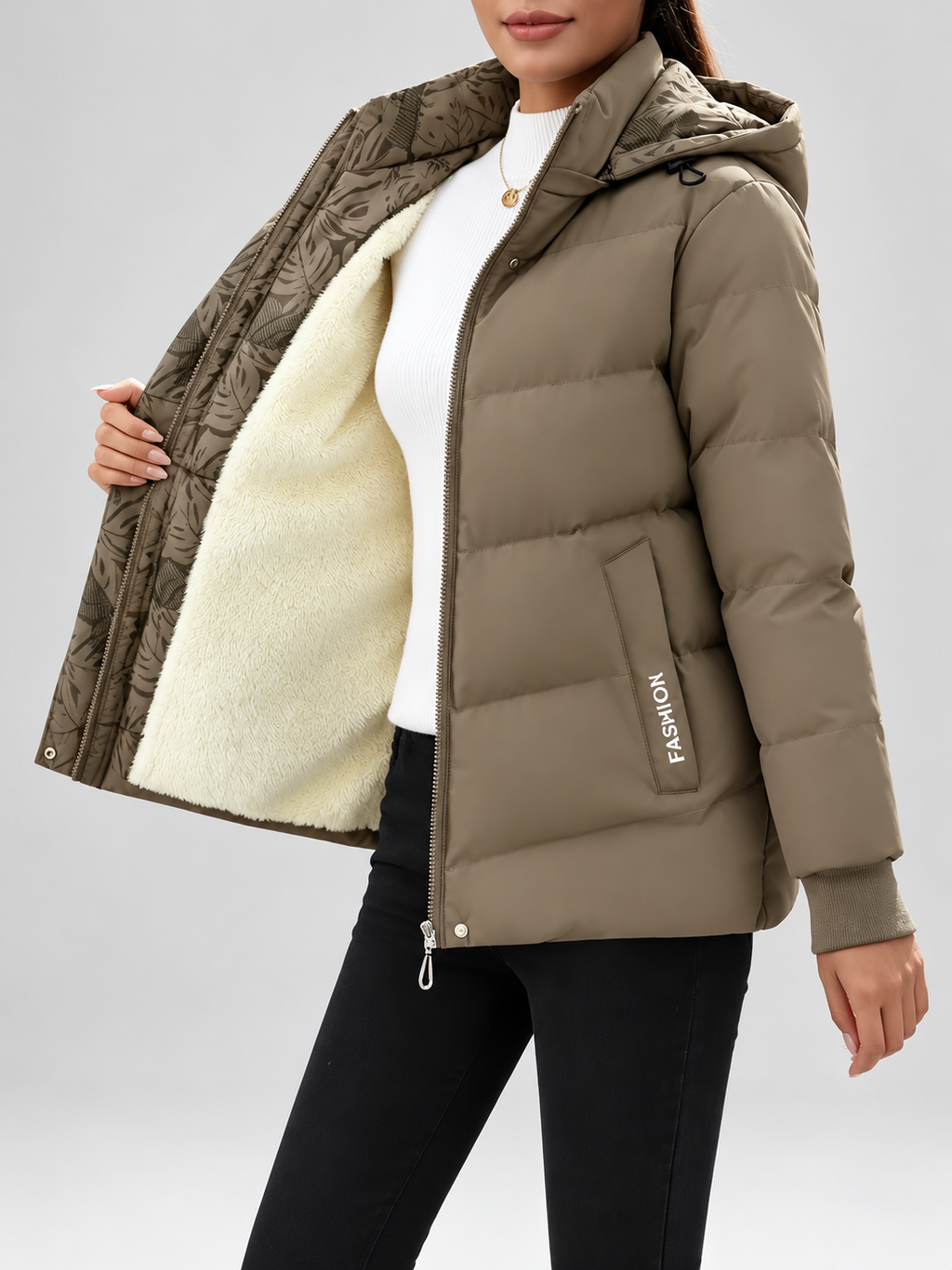 Women's hooded puffer jacket in Khaki – studio view 1