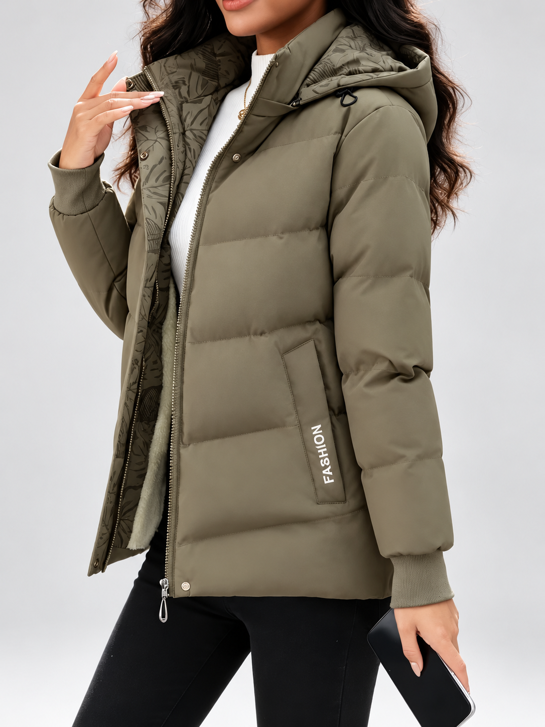 Women's hooded puffer jacket in Khaki – studio view 3