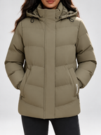 Women's hooded puffer jacket in Khaki – studio view 4