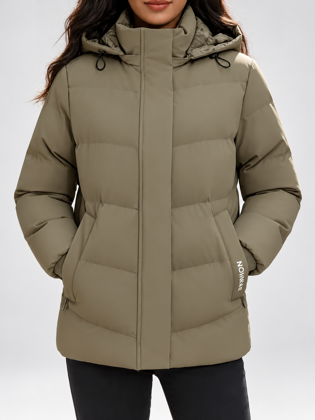 Women's hooded puffer jacket in Khaki – studio view 4