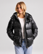 Women's Hooded Puffer Jacket with Glossy Finish and Zip Front in Black – Front View