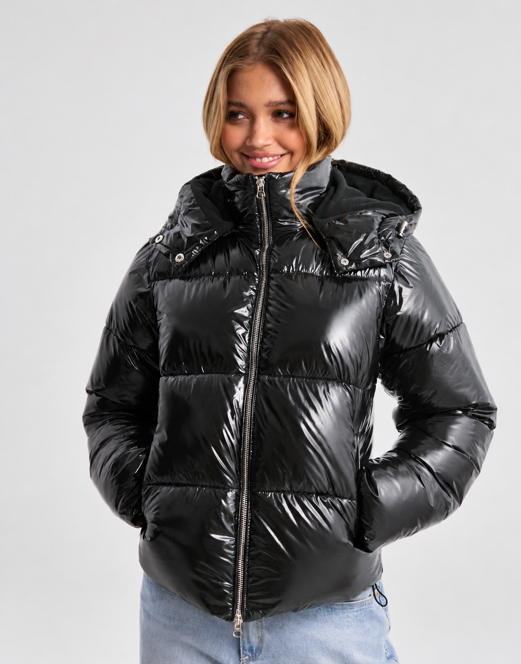 Women's Hooded Puffer Jacket with Glossy Finish and Zip Front in Black – Front View
