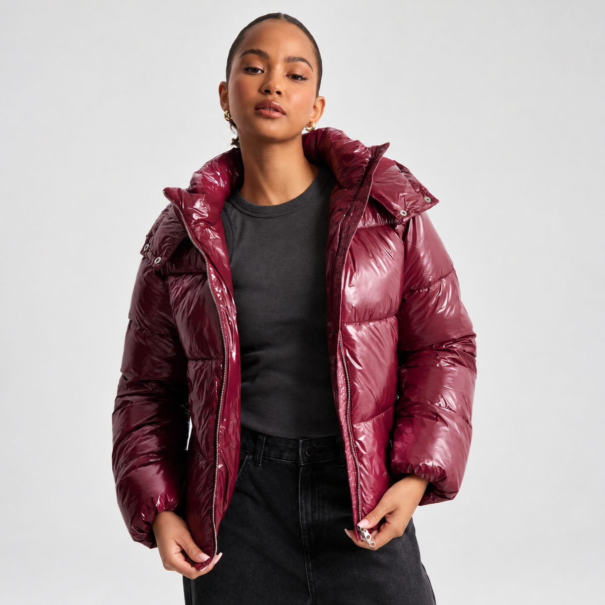 Women's Hooded Puffer Jacket with Glossy Finish and Zip Front in Burgundy – Front View