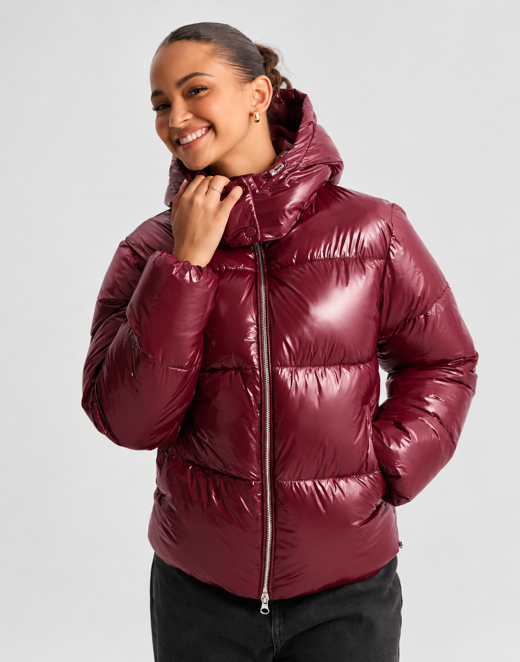 Women's Hooded Puffer Jacket with Glossy Finish and Zip Front in Burgundy – Three-Quarter View
