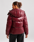 Women's Hooded Puffer Jacket with Glossy Finish and Zip Front in Burgundy – Back View