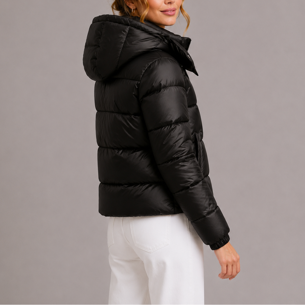 Women's Hooded Puffer Jacket with Zip Front and Pockets