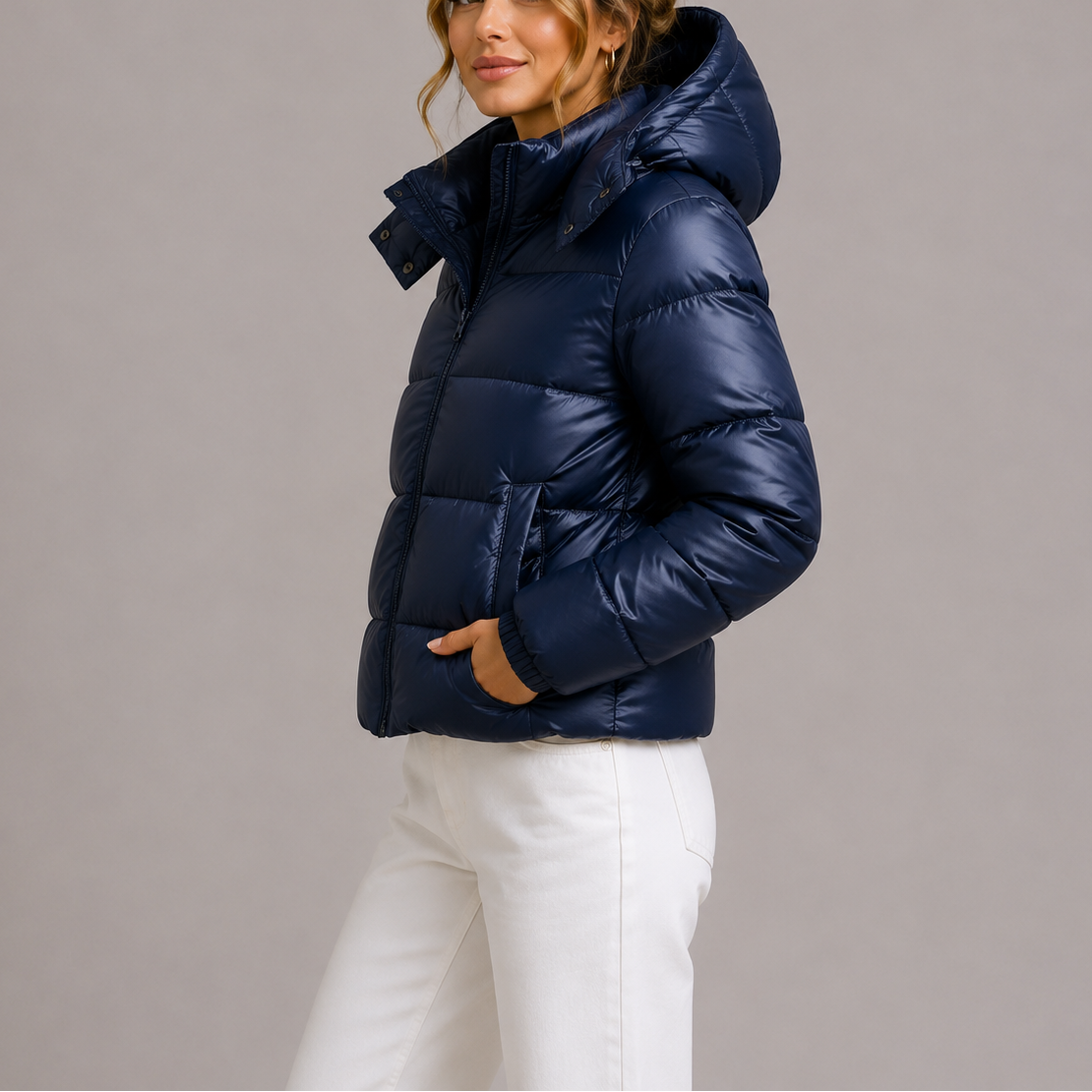 Women's Hooded Quilted Puffer Jacket with Zip Front and Pockets