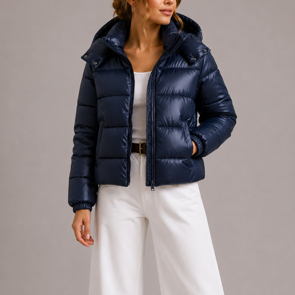 Women's Hooded Quilted Puffer Jacket with Zip Front and Pockets
