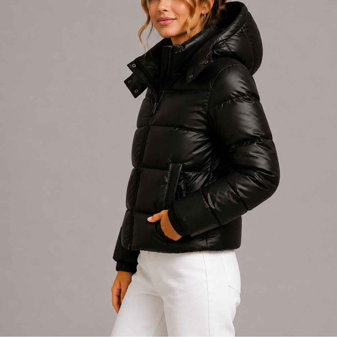 Women's Hooded Quilted Puffer Jacket with Zip Front and Pockets