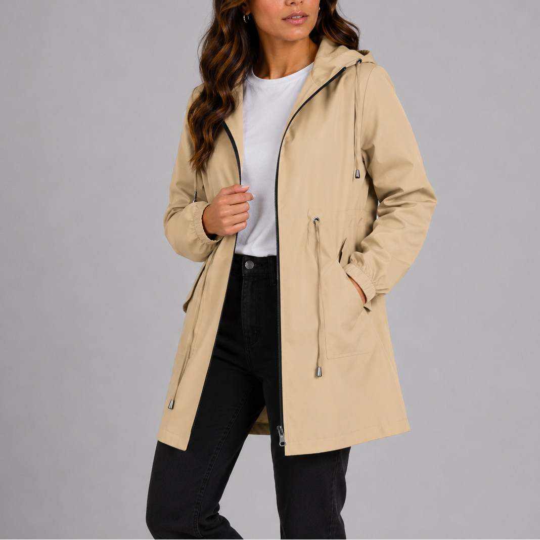 Women's Hooded Rain Coat with Zip Front and Drawstring Waist