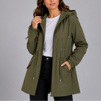 Women's Hooded Rain Coat with Zip Front and Drawstring Waist