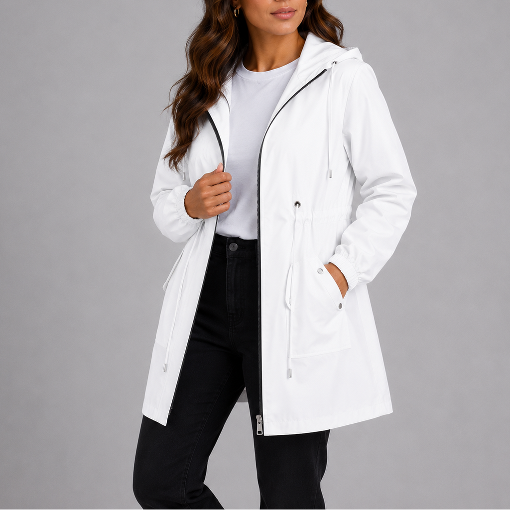 Women's Hooded Rain Coat with Zip Front and Drawstring Waist