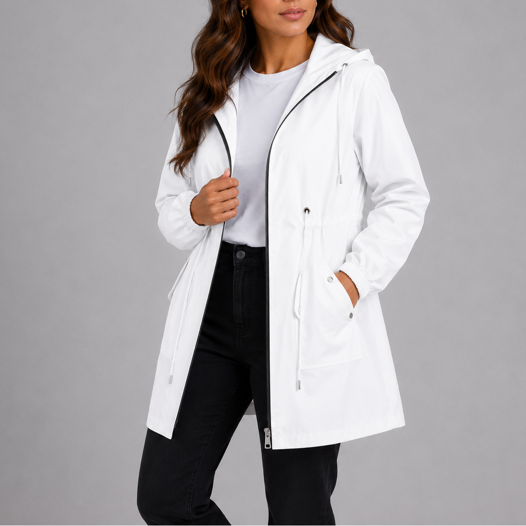 Women's Hooded Rain Coat with Zip Front and Drawstring Waist