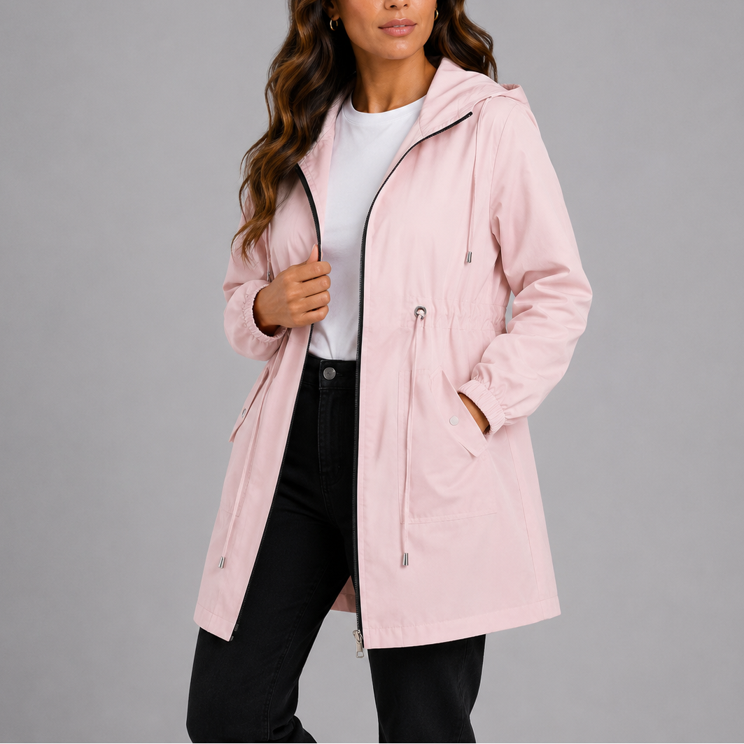 Women's Hooded Rain Coat with Zip Front and Drawstring Waist