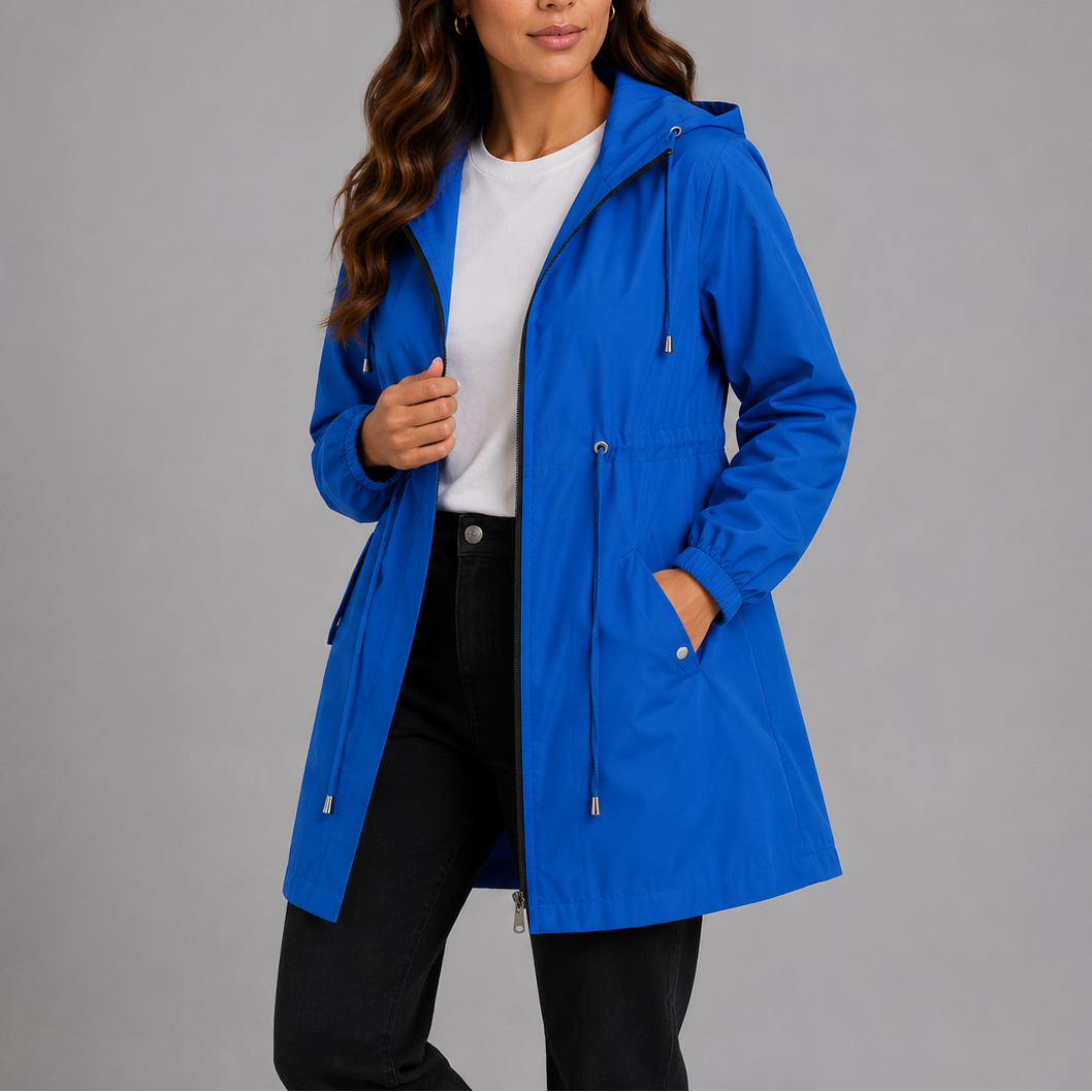 Women's Hooded Rain Coat with Zip Front and Drawstring Waist