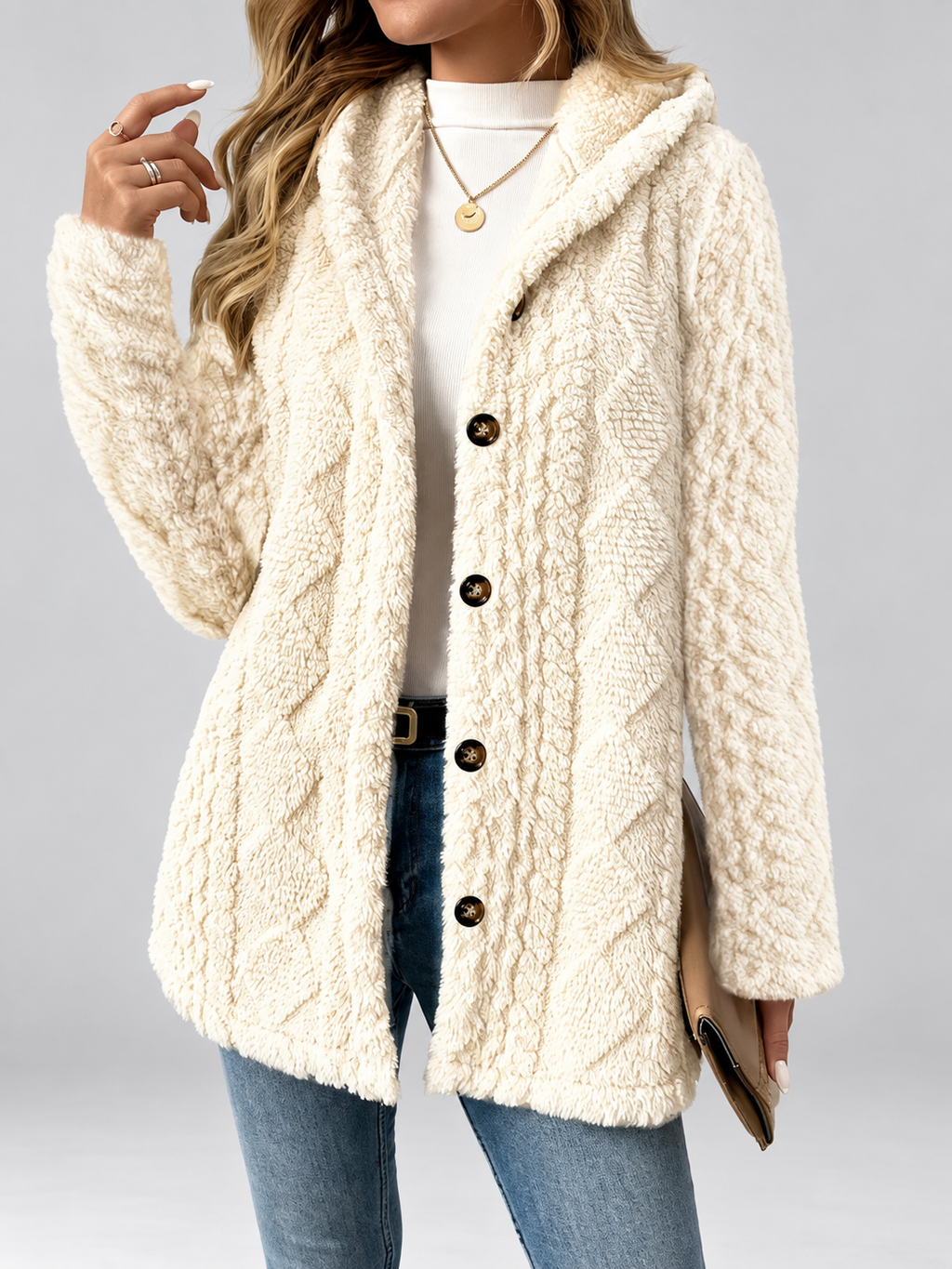 Women's Hooded Teddy Fleece Coat with Cable Knit Texture and Button Front