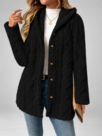 Women's Hooded Teddy Fleece Coat with Cable Knit Texture and Button Front