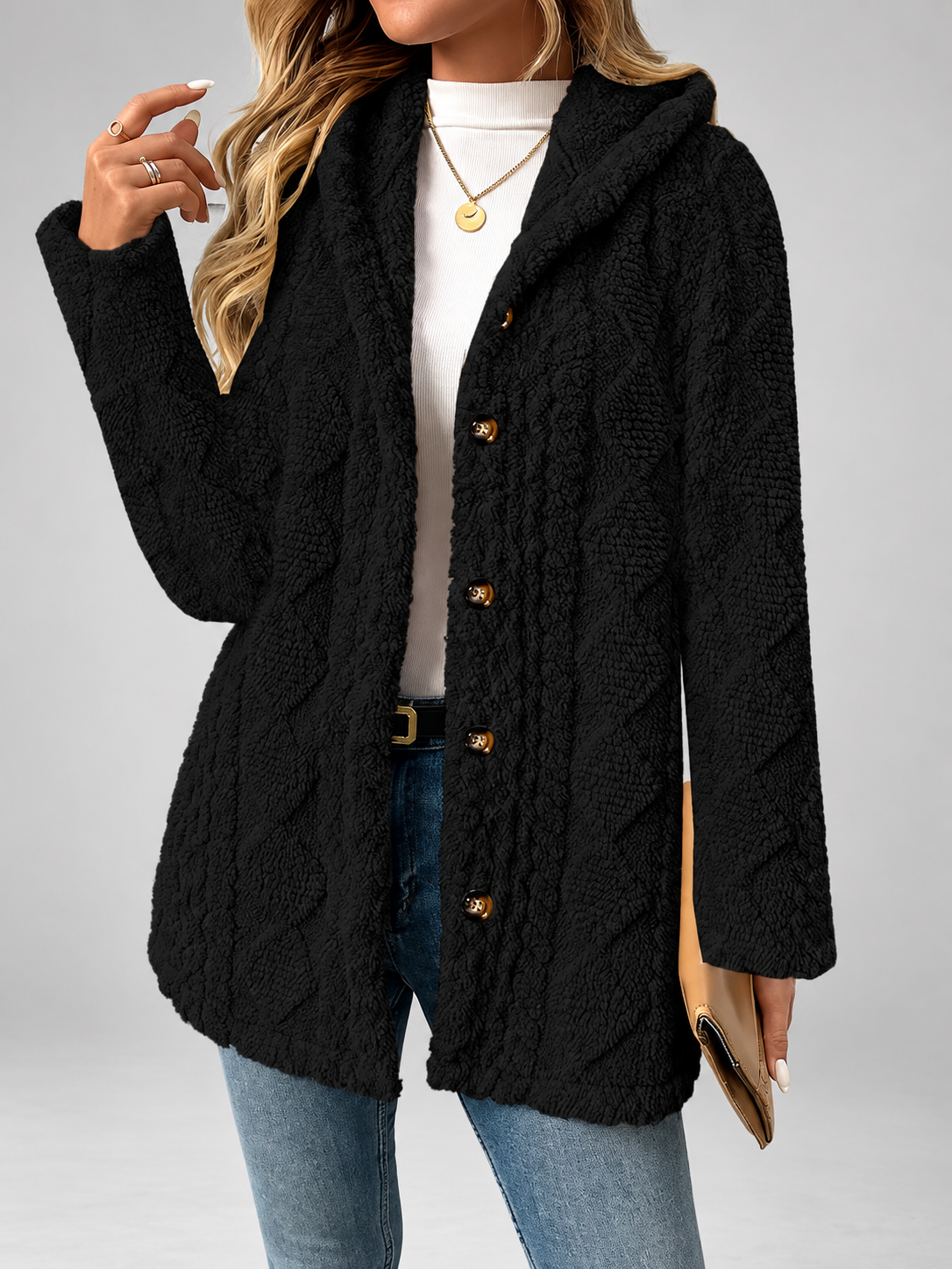 Women's Hooded Teddy Fleece Coat with Cable Knit Texture and Button Front