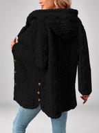 Women's Hooded Teddy Fleece Coat with Cable Knit Texture and Button Front
