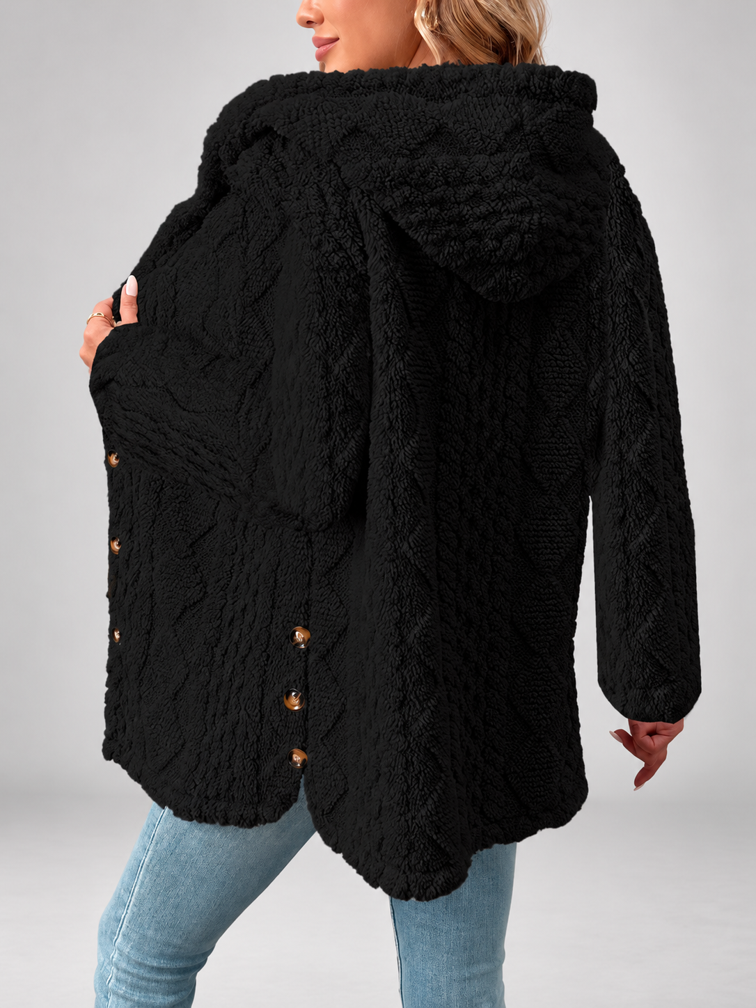 Women's Hooded Teddy Fleece Coat with Cable Knit Texture and Button Front