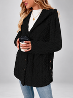 Women's Hooded Teddy Fleece Coat with Cable Knit Texture and Button Front